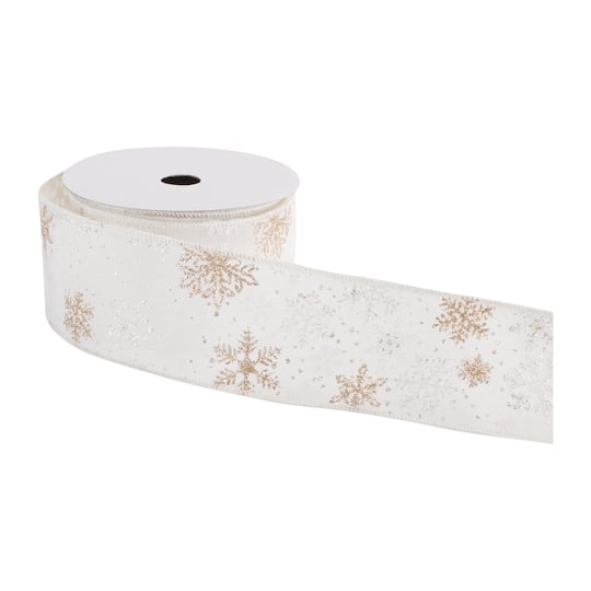 Melrose 2.5" x 10yd. White & Gold Snowflake Wired Ribbon